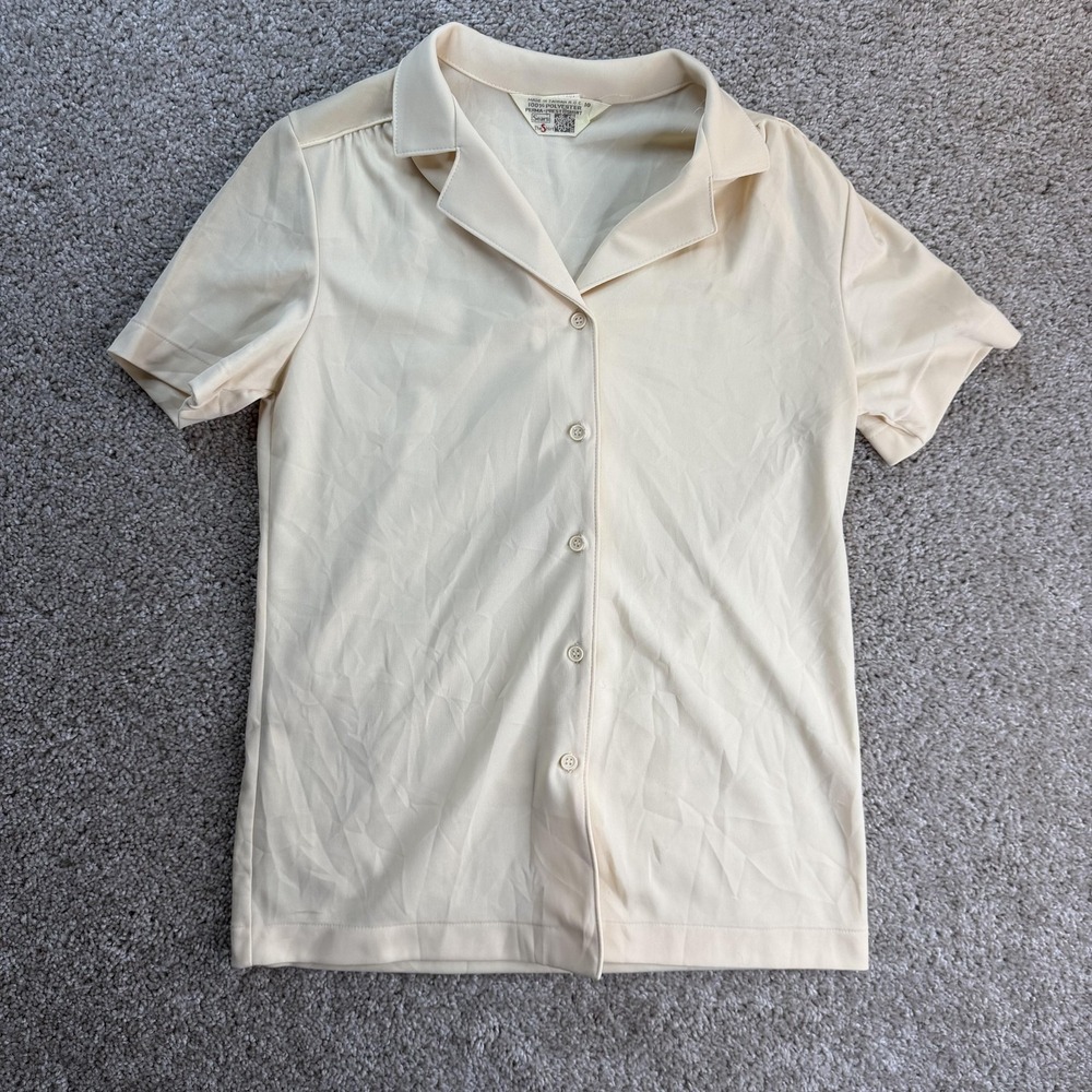 Vintage 70s Sears Shirt Womens 10 White Perma-Prest Button Knit Short Sleeve Top
